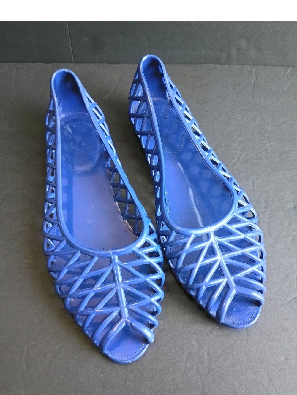 American L.A. Apparel Sz 8 Jelly Peep Toe Flats Cobalt Blue Retro 1980's